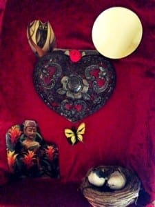 My red prayer box. Sweet intentions are sealed behind the ornate heart as two love birds nest under the blessings of the full moon.