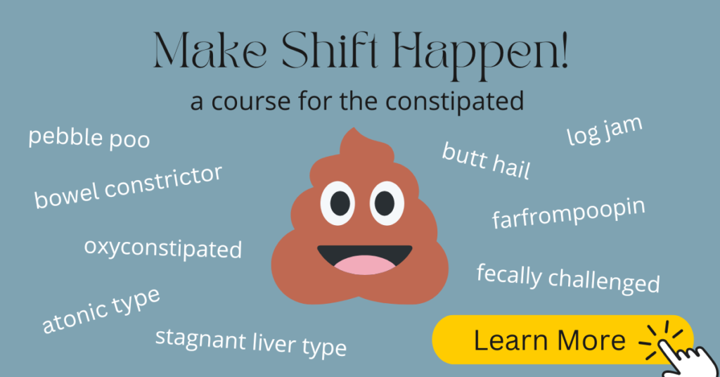 Constipation course banner with happy poop and words for constipation